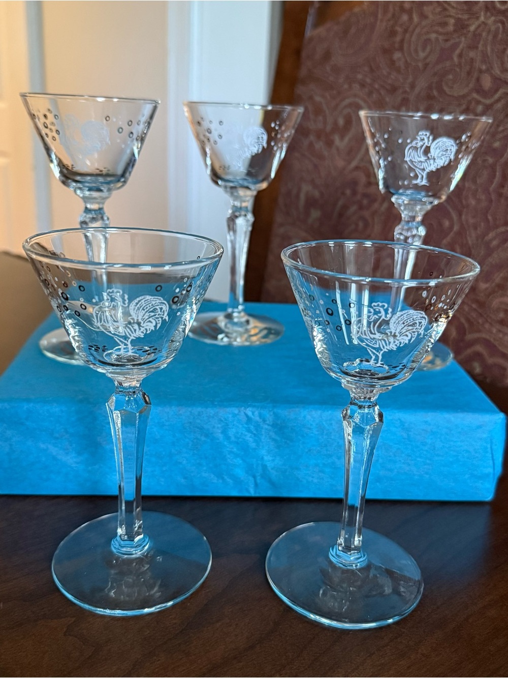 Set of 5 VTG Libbey Chanticleer "Drunken Rooster" Stemmed Cordial Glasses *READ*